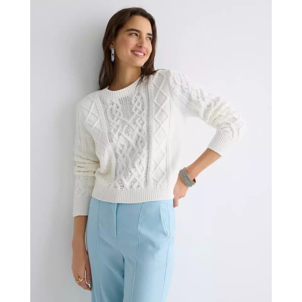 J. Crew Large Sweater Ivory Cable Knit Crewneck With Crystals Long Sleeve NWT